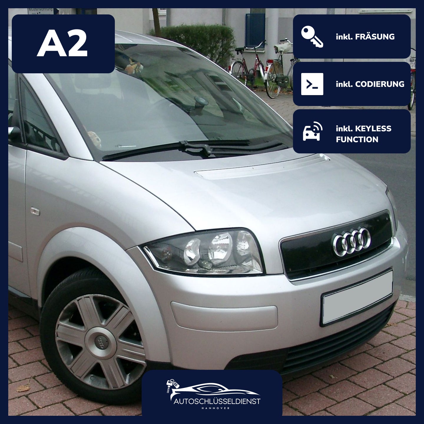 Ersatzschlüssel für AUDI A2 – inklusive Codierung und präziser Fräsung.