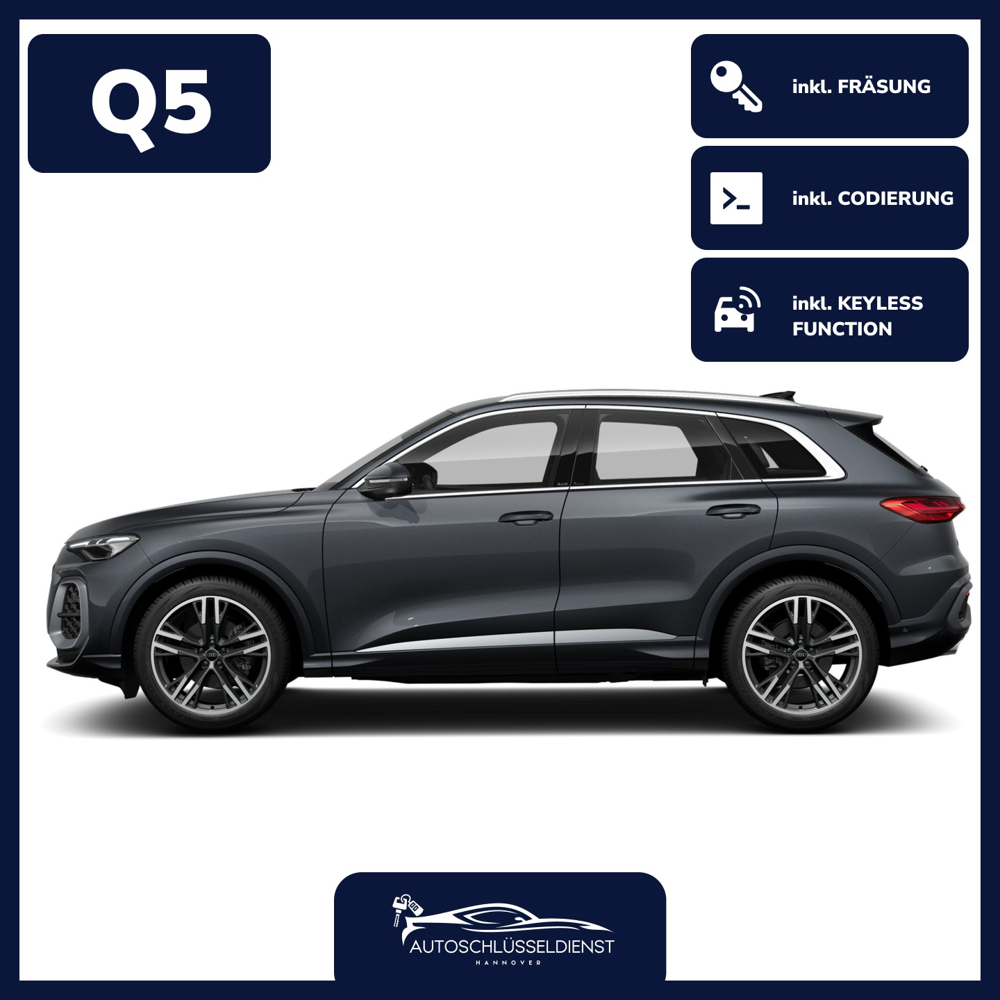 Ersatzschlüssel für AUDI Q5 – inklusive Codierung und präziser Fräsung.