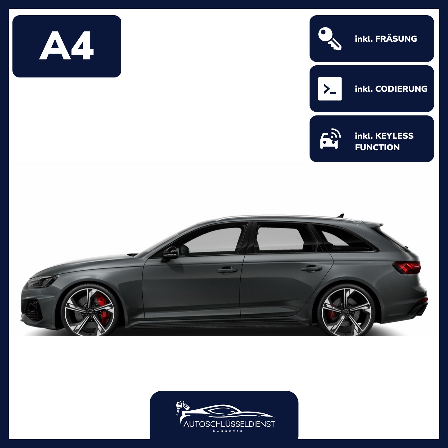 Ersatzschlüssel für AUDI A4 – inklusive Codierung und präziser Fräsung.