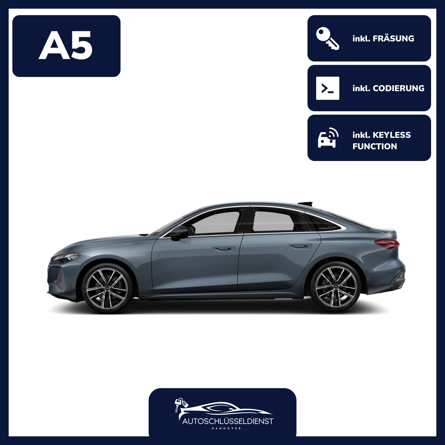 Ersatzschlüssel für AUDI A5 – inklusive Codierung und präziser Fräsung.