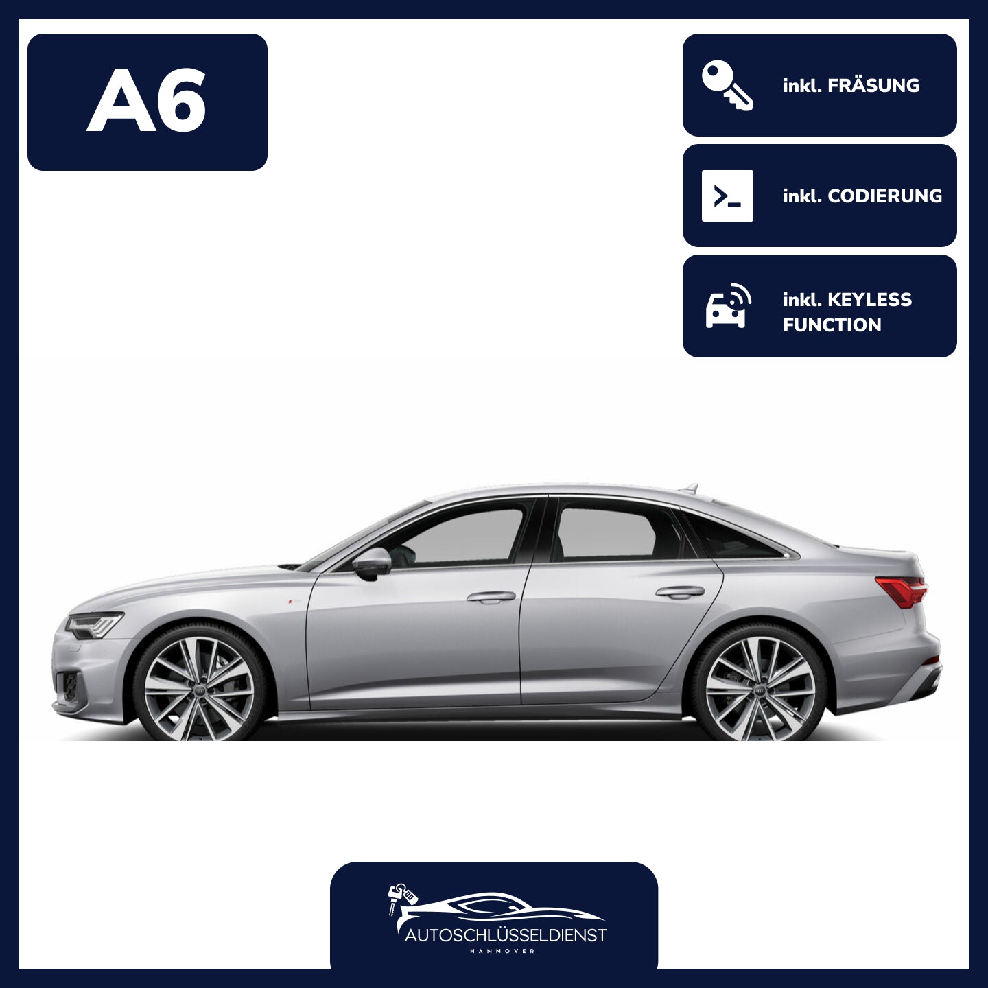 Ersatzschlüssel für AUDI A6 – inklusive Codierung und präziser Fräsung.
