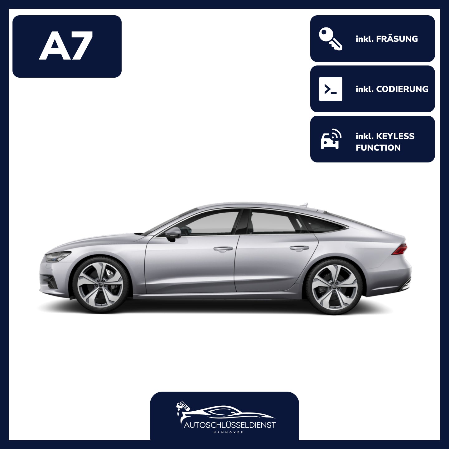 Ersatzschlüssel für AUDI A7 – inklusive Codierung und präziser Fräsung.