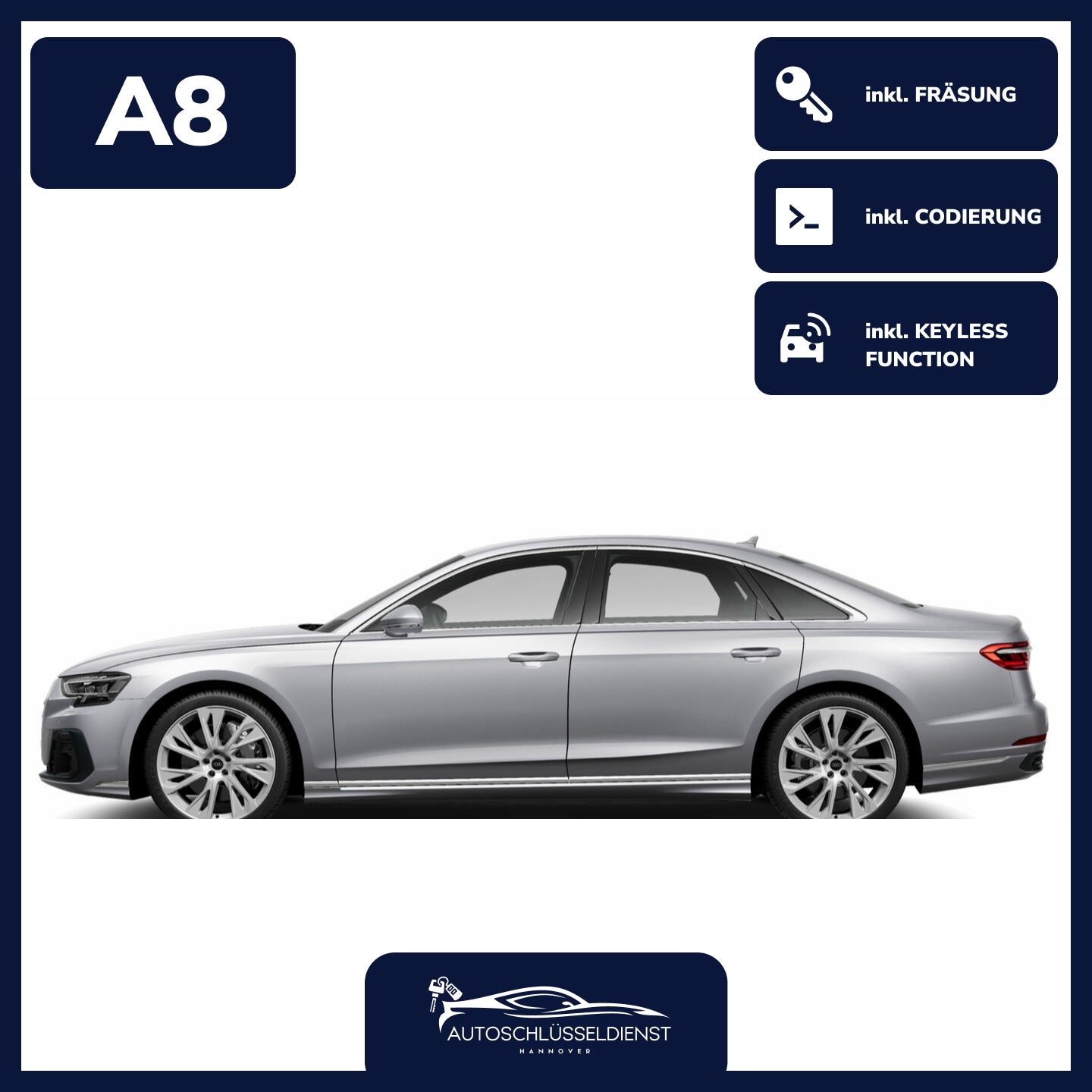 Ersatzschlüssel für AUDI A8 – inklusive Codierung und präziser Fräsung.