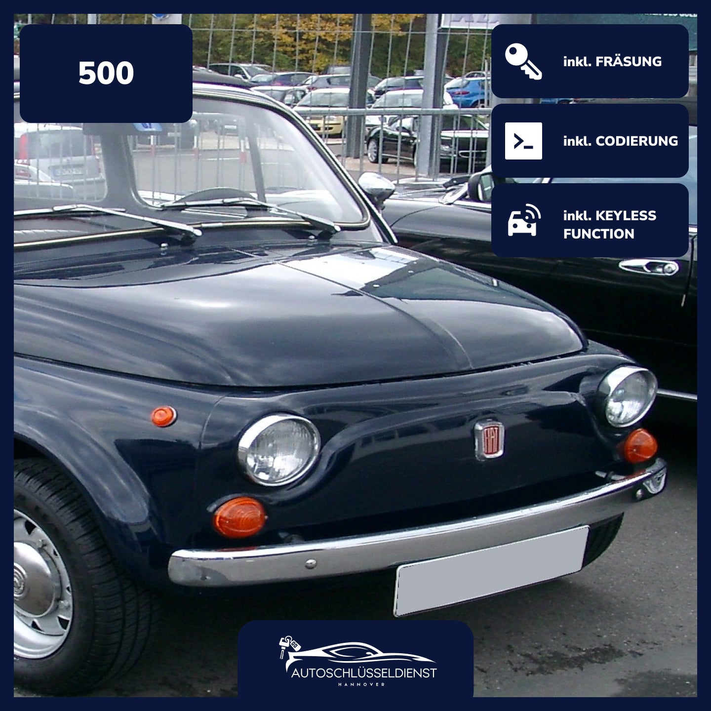 Ersatzschlüssel für FIAT 500 – inklusive Codierung und präziser Fräsung.